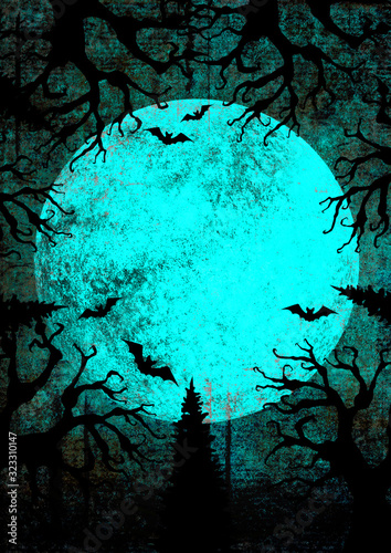 Halloween holiday bright grunge vertical background with full moon, silhouettes of bats and terrible dead trees
