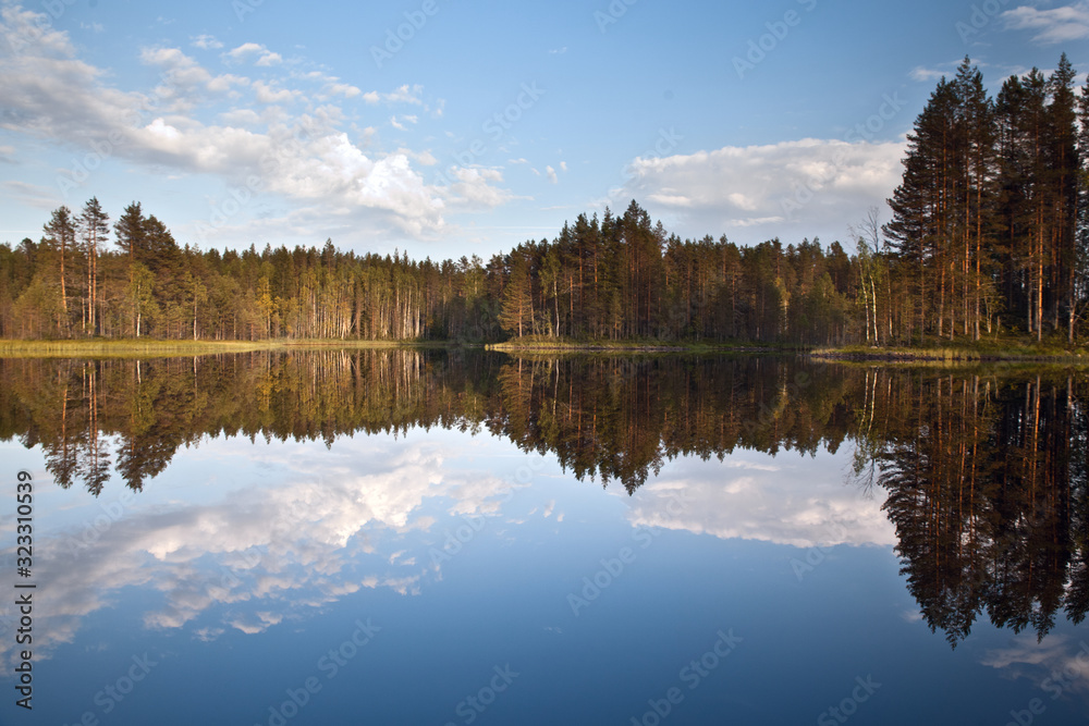 Beautiful volumetric clouds on a sunny day over a quiet forest lake Beautiful volumetric clouds on a sunny day over a quiet forest lake