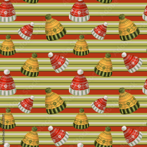 Seamless pattern winter ski hat on striped background in traditional christmas colors