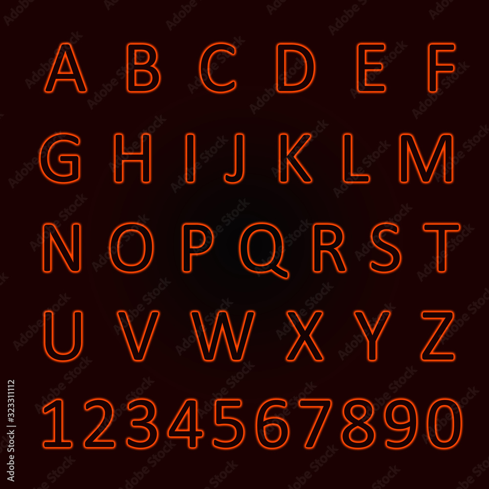 Glowing neon alphabet with letters from A to Z and numbers from 1 to 0. Trend color - lush lava