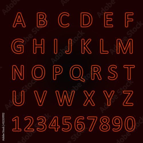 Glowing neon alphabet with letters from A to Z and numbers from 1 to 0. Trend color - lush lava