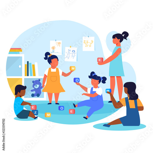 Kids Play with ABC Blocks Flat Vector Illustration. Little Friends, Kindergarten Pupils Cartoon Characters. Boy and Girls Holding Alphabet Cubes. Children in Day Care Center, Playschool