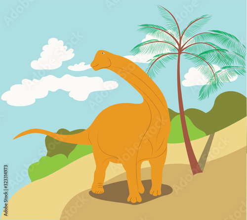 color vector illustration with diplodocus dinosaur on the beach background