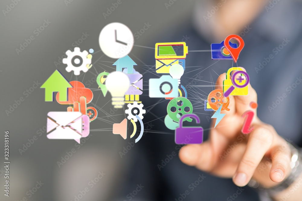 cloud connected to many objects on a virtual screen. cloud connected to many objects on a virtual screen.