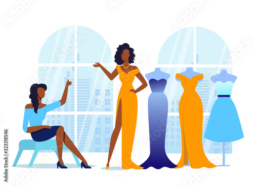 Girlfriends Try on Clothes Vector Illustration. Fashionable African American Ladies Cartoon Characters. Female Shoppers Choosing Dress, Shopping. Stylish Young Woman in Elegant Evening Gown