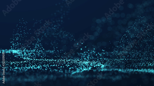 Dynamic wave of glowing particles. Digital technology background. 3d rendering.