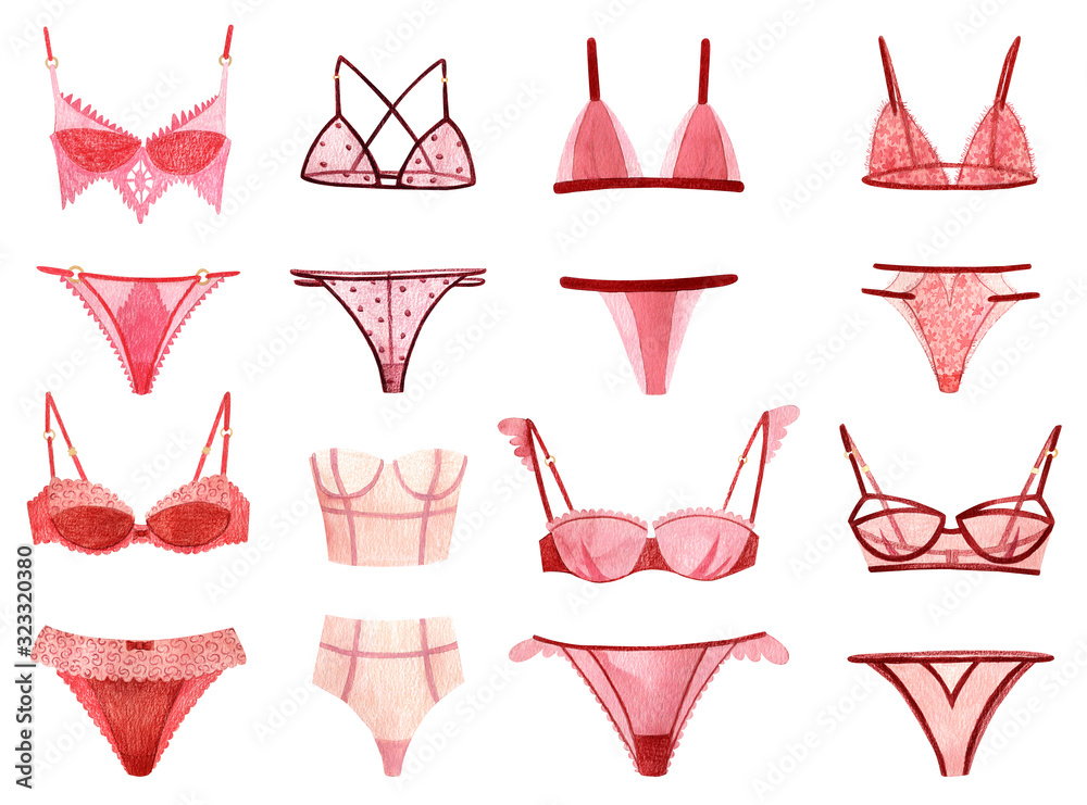 Set of women's underwear. Elegant sexy panties and bras. Pattern drawn on  paper by watercolor. Illustration Stock | Adobe Stock