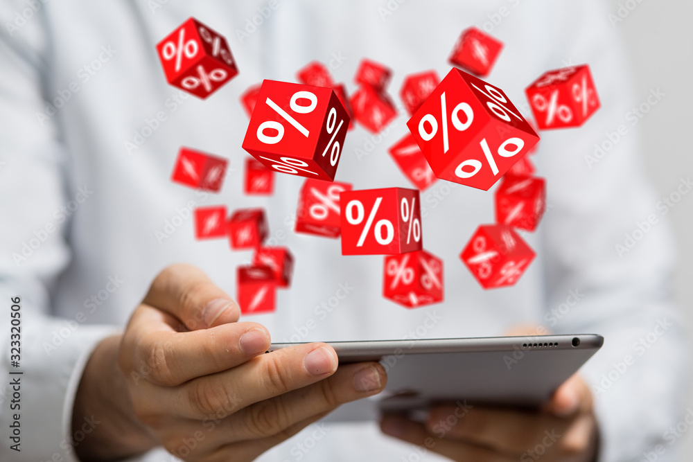 using white and red sales flying icons 3D rendering