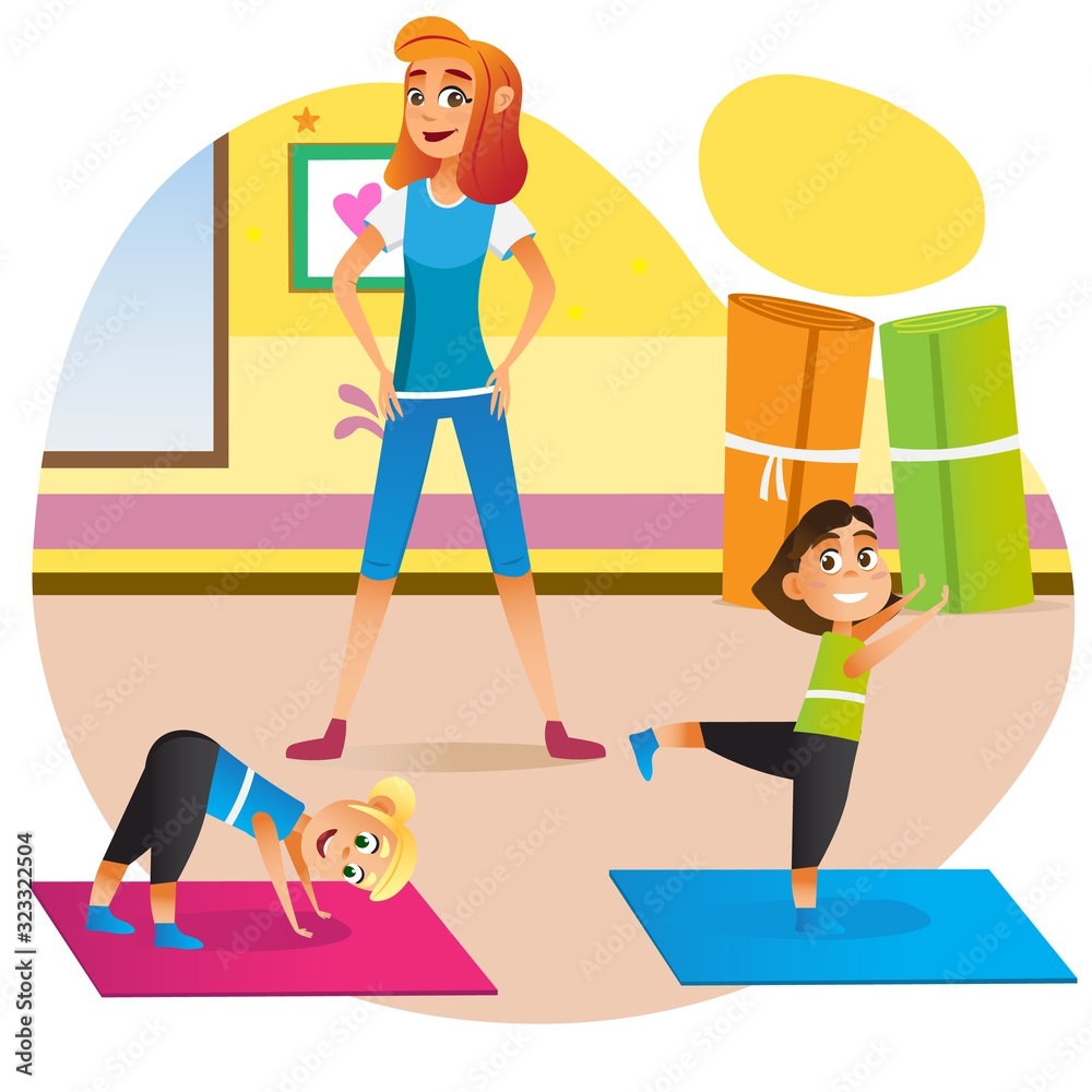 Family Sport Training. Cartoon Woman Teach Children Stretching Vector  Illustration. Mother Daughter Practice Yoga Exercise Together. Physical  Education Health Care. Kid Fitness Lesson Stock Vector | Adobe Stock