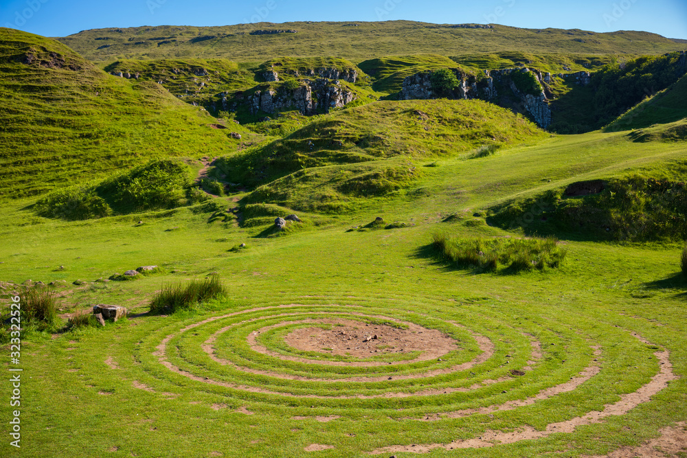 The otherworldly feel of the Fairy Glen, located at the end of a windy road near the Town of Uig, are small round-topped grassy hills with lochans, photographed on a cloudless day. The otherworldly feel of the Fairy Glen, located at the end of a windy road near the Town of Uig, are small round-topped grassy hills with lochans, photographed on a cloudless day.