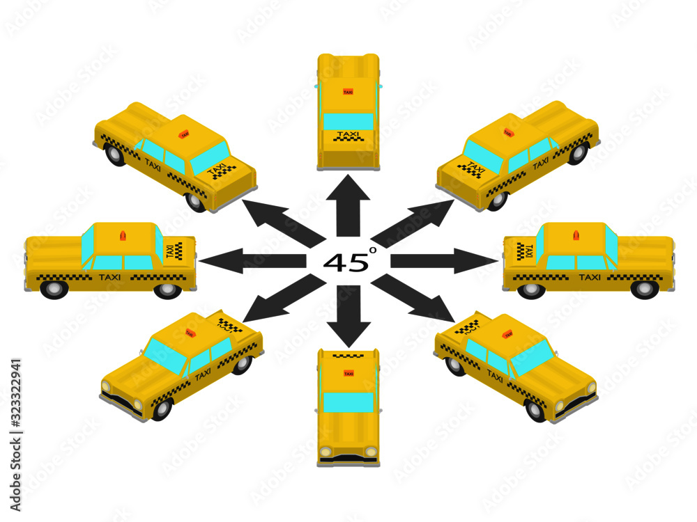 Rotation of the taxi car by 45 degrees. Cab in different angles in isometric.
