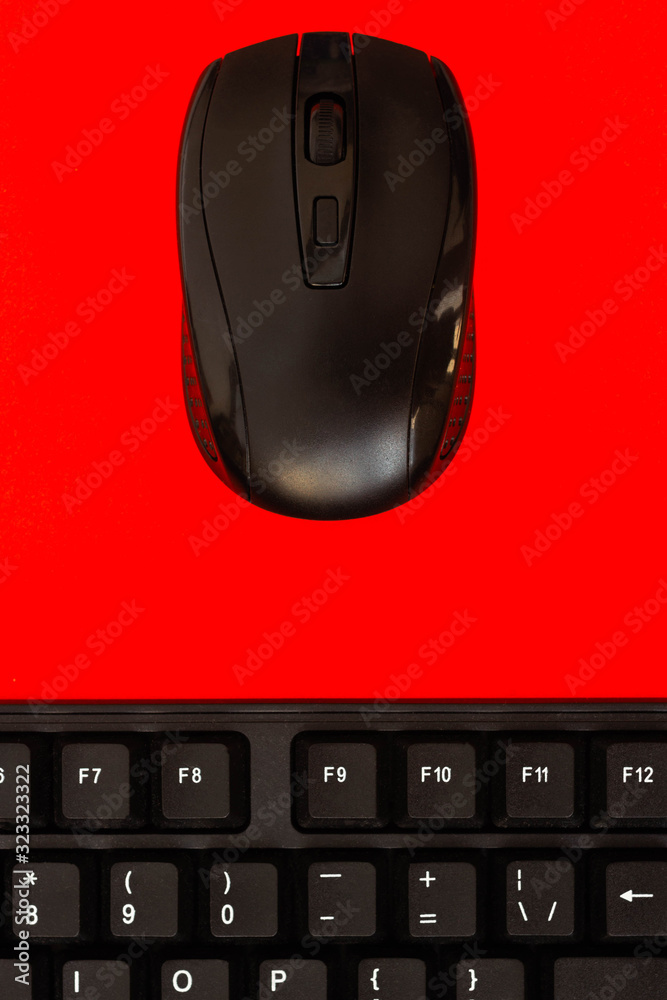 Computer accessories. Mouse and keyboard top view close-up. Danger, attention. Computer accessories. Mouse and keyboard top view close-up. Danger, attention.