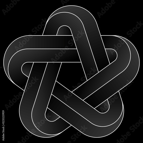 Impossible pentagram icon. White vector optical illusion shape on black background.