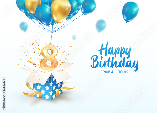 Celebrating of 8 th years birthday vector 3d illustration. Eighth anniversary celebration. Open gift box with explosions confetti and number eight flying on balloons on light background