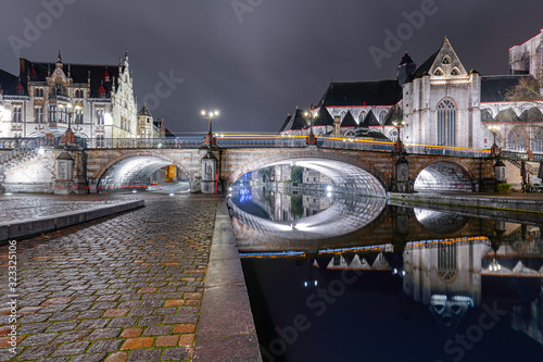 Wheat Quay or Corn Quay (Korenlei) in Ghent (Belgium) by Night photo