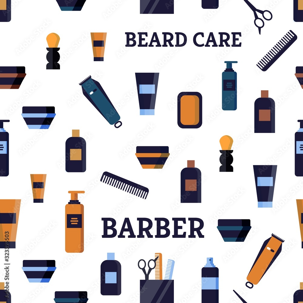 Pattern Barber Beard Care Items for Real Man Beauty. Illustration for Care Face and Beard Use Different Means and Novelties. Assortment Keep your Skin on Face Healthy, Fresh, Beautiful. Pattern Barber Beard Care Items for Real Man Beauty. Illustration for Care Face and Beard Use Different Means and Novelties. Assortment Keep your Skin on Face Healthy, Fresh, Beautiful.
