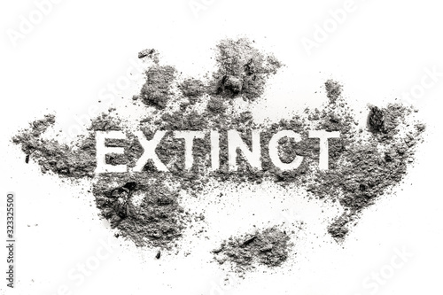 Foto Extinct word written in ash, dust or dirt as animal species or nature destructio