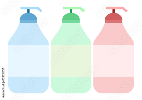 Jabón en botellas azul, verde y roja.