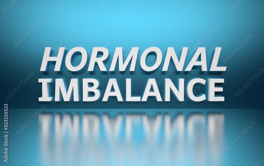 Single word Hormonal Imbalance written in white bold letters on blue background over reflective surface.