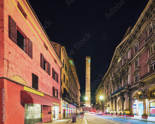 Two towers on Piazza di Porta Ravegnana night Bologna photo