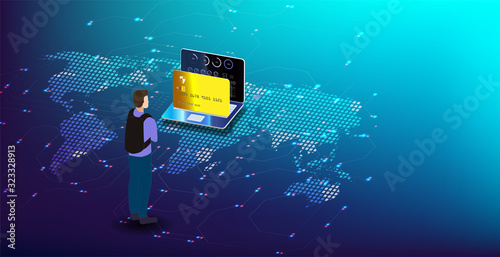 Isometric map of the world with the global financial system. Money transfer all over the world. Online money transfer concept. Businessman transfers money through a mobile app anywhere in the world.