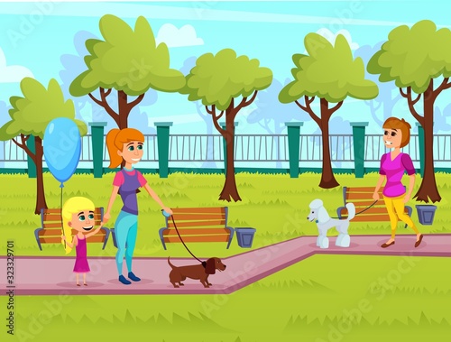 Informational Banner Walk in Park Cartoon Flat. Festival and Fair Movement is Popular with Families with Children. Women with Children have Fun Walking Dogs in City Park. Vector Illustration.