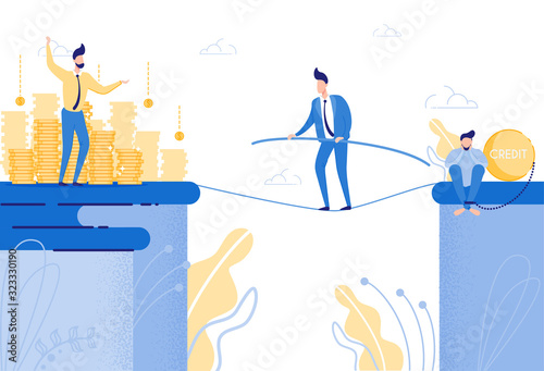Young Man, Working Hard and Doing Best, Trying to Pay Off Credit Debts As Fast, As Possible. He is Halfway to Success, Balancing and Risking, Like on Tightrope, Imagining His Easy Life in Result.