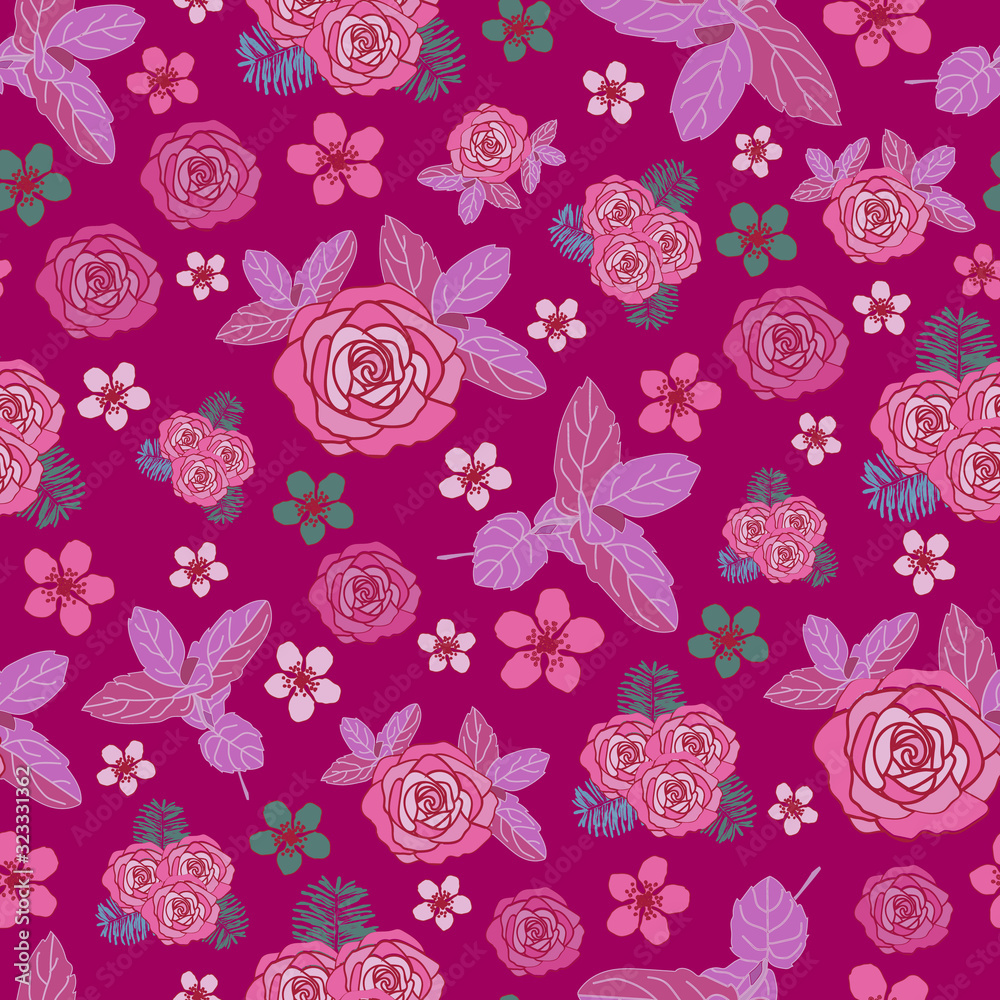 Romantic Rose-Flowers in Bloom Seamless Repeat Pattern. Flowers and leaves pattern background. Surface pattern Designin Pink,Maroon,purple. green and patrol. Perfect for Fabric, Scrapbook