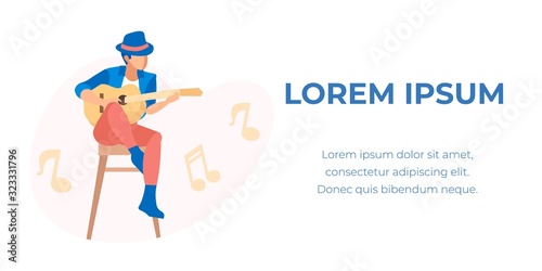 Young Man Wearing Scenic Costume Playing Acoustic Guitar Sitting on High Chair . Pop Musician Character, Guitarist, Virtuoso Music Player Performing Cartoon Flat Vector Illustration, Horizontal Banner