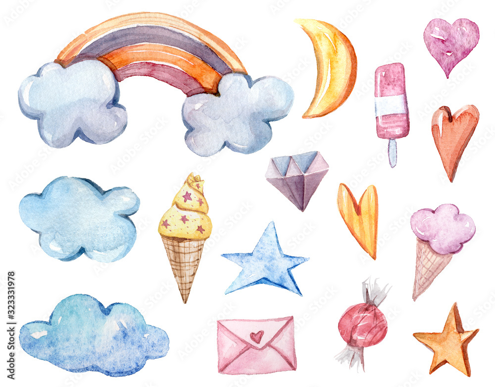 Hand painted watercolor cute magical clipart. Rainbow, clouds, stars, ice cream, hearts, sweets, love letter isolated on white background. illustration for pattern, baby shower, invitation, print