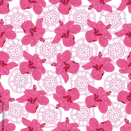 Pink Hibiscus Lace -Flowers in Bloom Seamless Repeat Pattern. Hibiscus flowers and lace pattern background in pink, red and white. Perfect for Fabric, Scrapbook