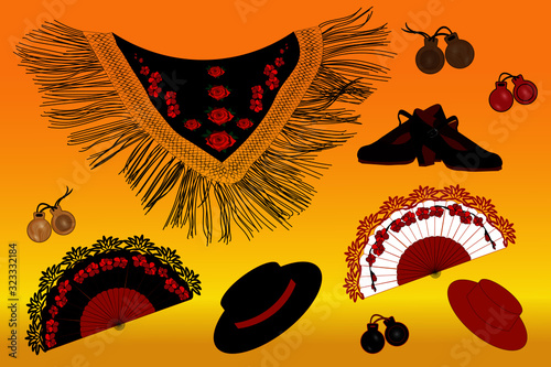 Set of flamenco dancer belongings for design of playbills and advertising.  Everything necessary for traditional Spanish dancer.