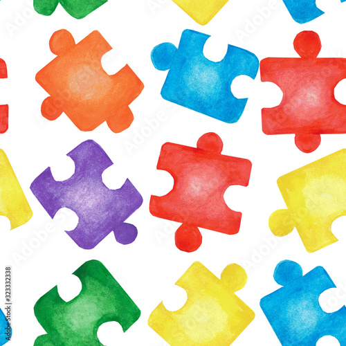 Seamless pattern of colorful jigsaw puzzles on white background. Watercolor hand drawn illustration