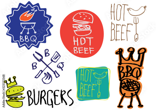 Set of hand made calligraphy logo and stickers for BBQ and burgers. Sketches and free line.