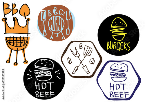 Set of hand made calligraphy logo and stickers for BBQ and burgers. Sketches and free line.