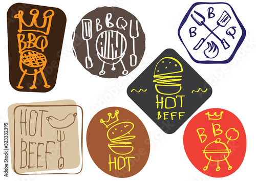 Set of hand made calligraphy logo and stickers for BBQ and burgers. Sketches and free line.