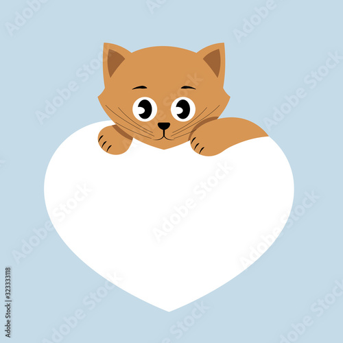 Cute cat or kitten with heart. Vector illustration with copy space