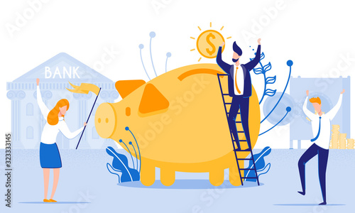 Loans, as Way to Find Money to Start Profitable Business. Team, Happy to Get Loan for Enterprise Development. Office Workers, Celebrating by Huge Piggy Bank, Against Background with Safe and Bank.