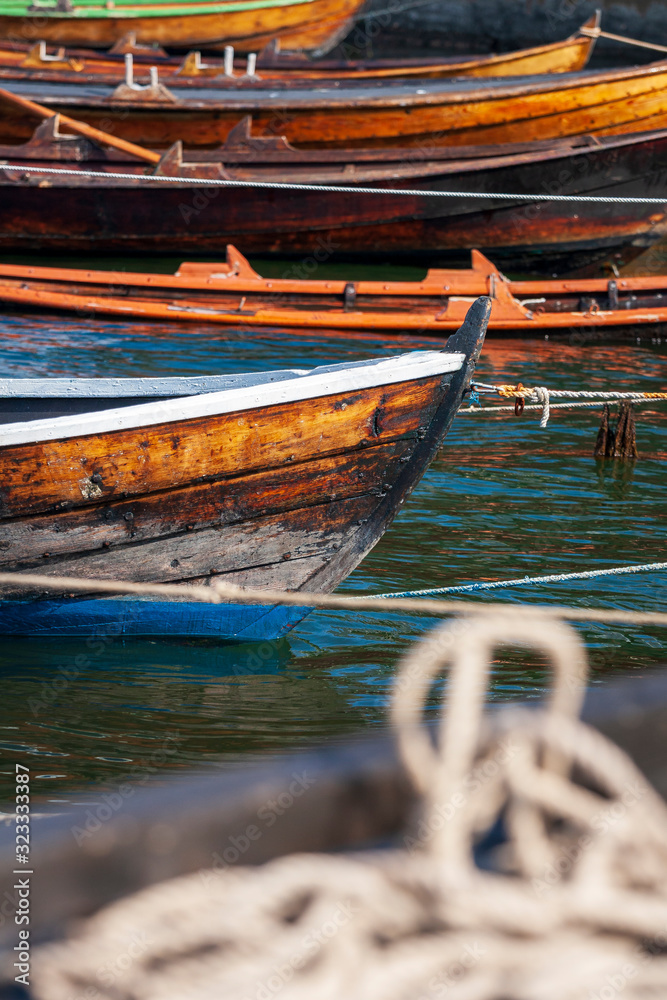 Moored wooden rowboats, Oslo, Norway