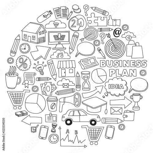 Business and management background. Pattern with finance icons. Conceptual illustration of projects organization, risk, development. Team working, budget planning.