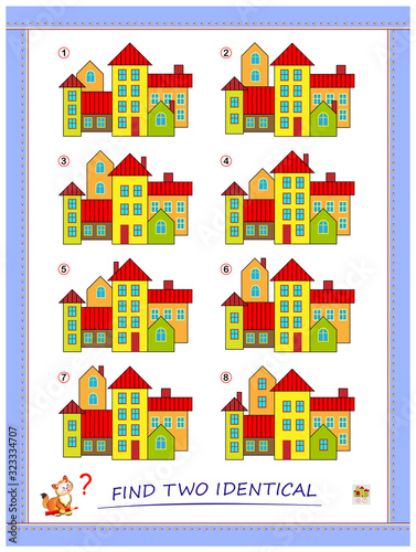 Logic puzzle game for children and adults. Find two identical group of houses. Printable page for kids brain teaser book. Developing spatial thinking skills. IQ test. Flat vector cartoon image.