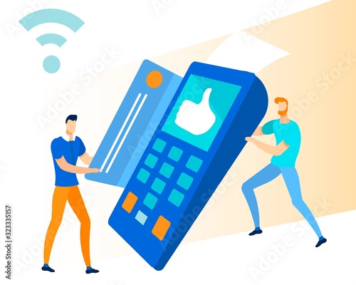 Two Cartoon Men Characters Using Cashless Payments Service. POS Terminal Confirming Pay by Debit or Credit Card. NFC Transactions. Wireless Money Transfer Method. Vector Flat Illustration