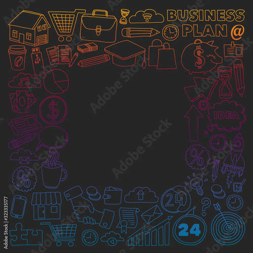 Business and management background. Pattern with finance icons. Conceptual illustration of projects organization  risk  development. Team working  budget planning.