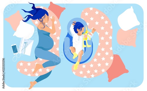 Large Bad with Comfortable Mattress. Pregnant Brunette with Pillow for Comfortable Sleep, Phone, Earphones and Pad Next to Her. Baby in Body Shirt Sleeping in Cradle with Pacifier and Rabbit Toy.