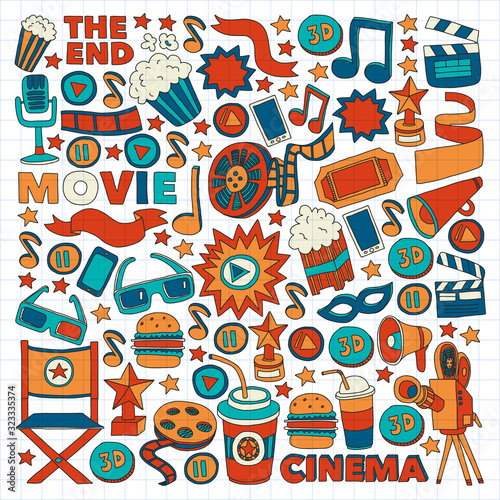 Movie, cinema set. Pattern doodle background with vector icons. Video TV.