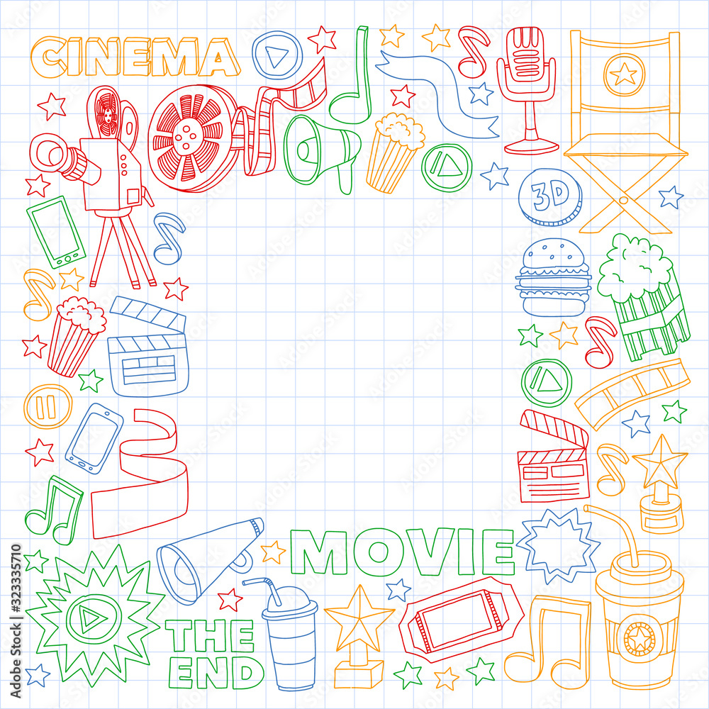 Movie, cinema set. Pattern doodle background with vector icons. Video TV.