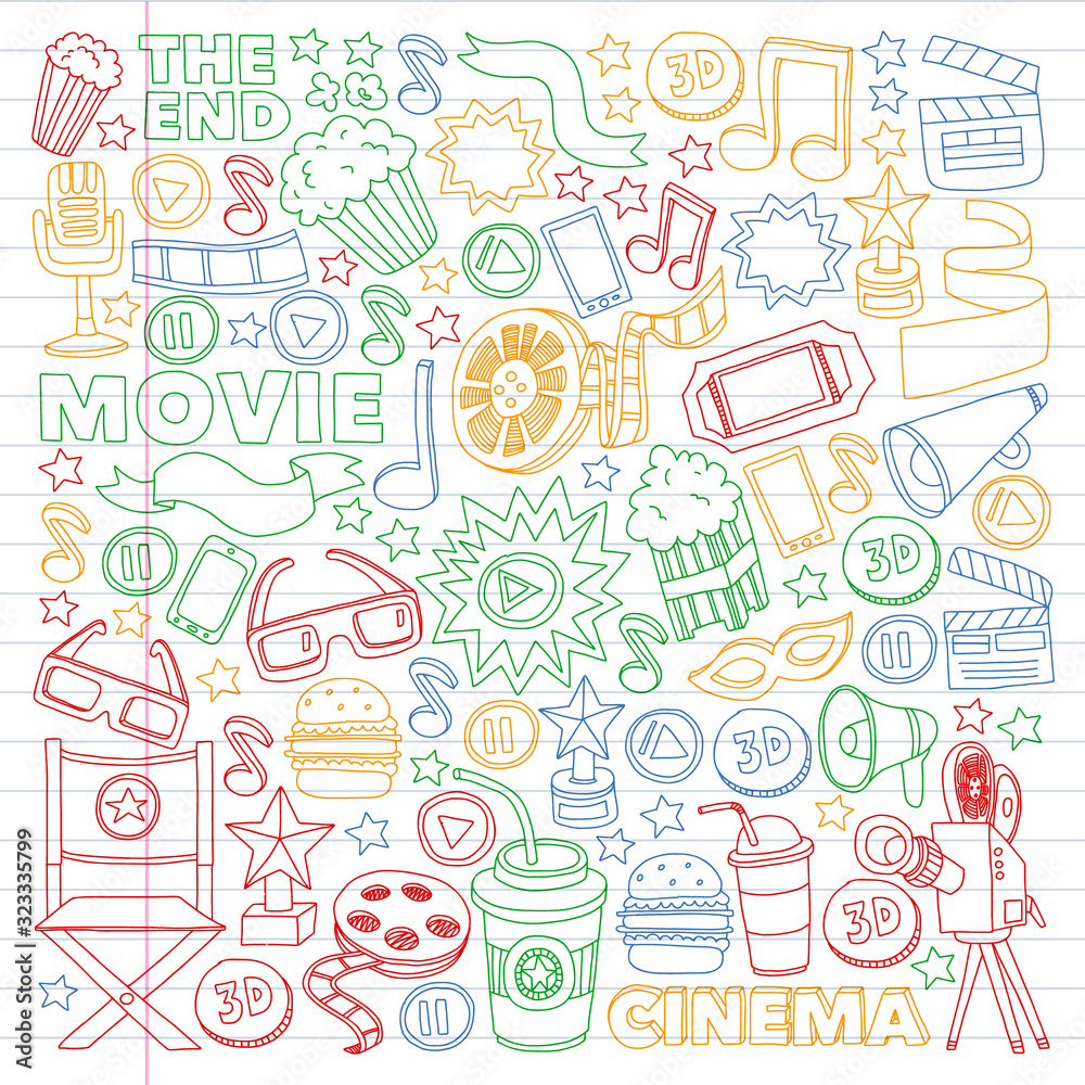 Movie, cinema set. Pattern doodle background with vector icons. Video TV.