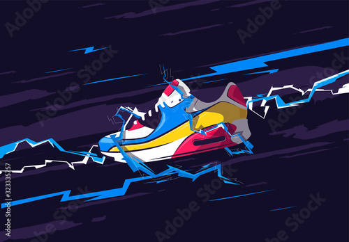 Vector illustration of a sports sneaker with zippers, stylish design of a poster with shoes