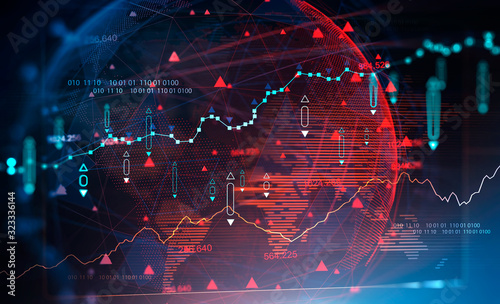 Digital diagram and planet hologram. Fintech photo