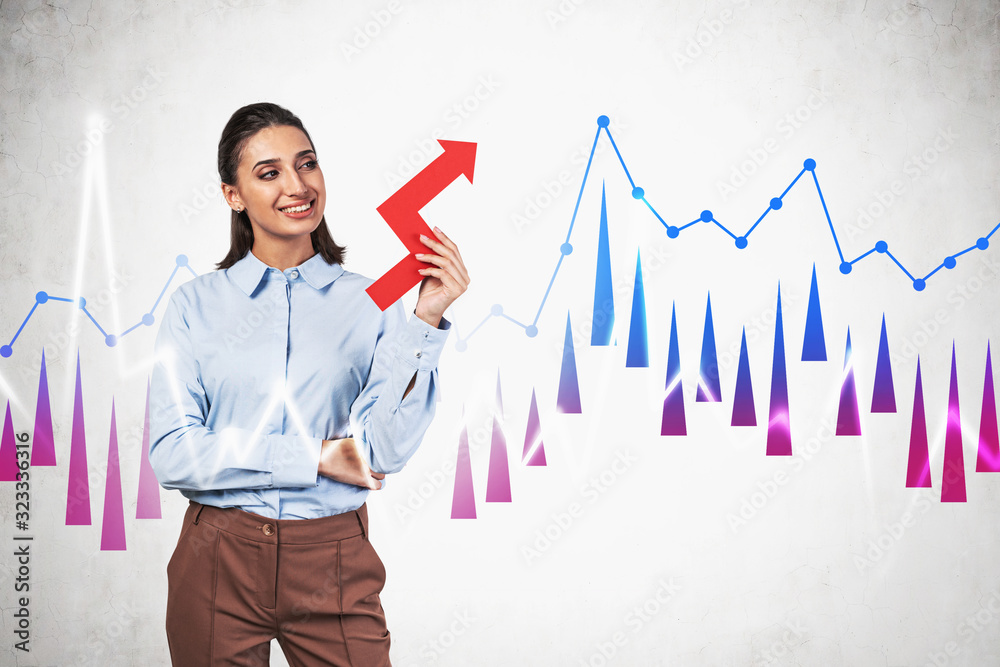 Smiling businesswoman and growing graph Smiling businesswoman and growing graph